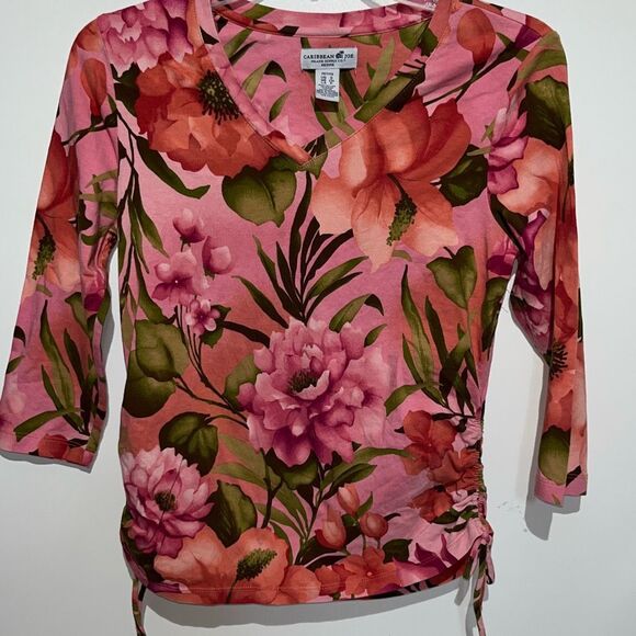 Caribbean Joe Women's Multicolor Floral V-Neck 3/4 Sleeve Blouse Petite Small - Picture 1 of 10